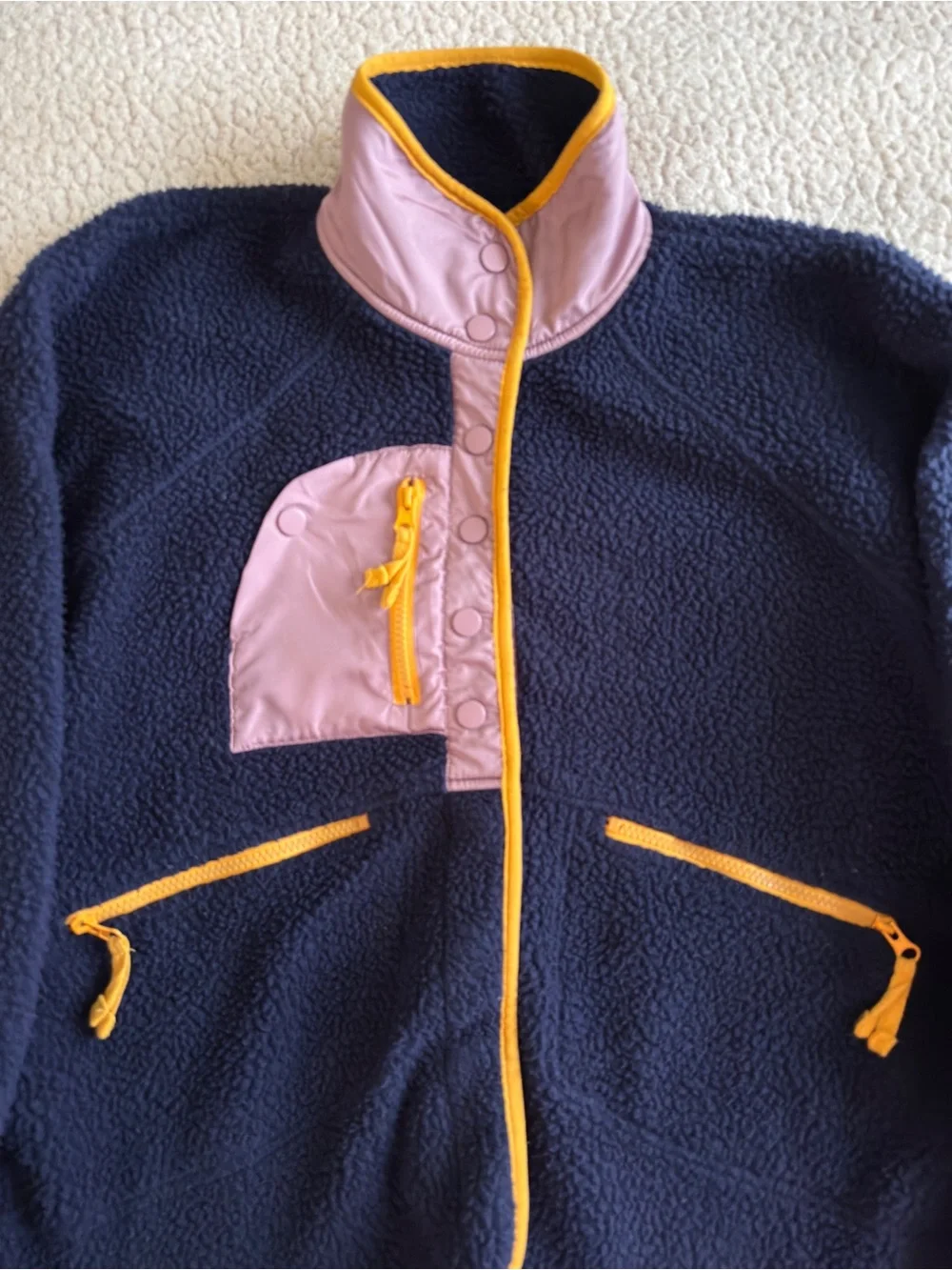Free People hit the slopes color block fleece Navy pink & orange snap up Sz S